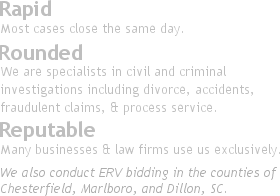 We are rapid, rounded, and reputable. We also conduct ERV bidding in our area of SC.
